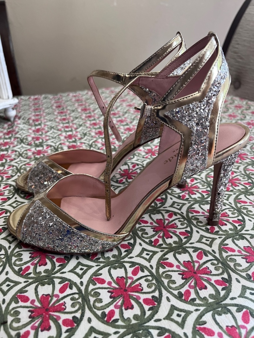 Kate Spade gold glitter t-strap high heels